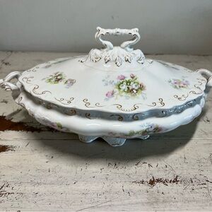 Antique J&G Meakin England Covered Serving Dish Floral Gold Scroll Footed Tureen
